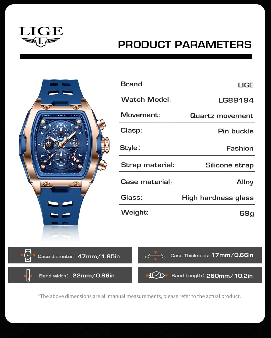 Reloj LIGE para hombre, de lujo, resistente al agua, de cuarzo.