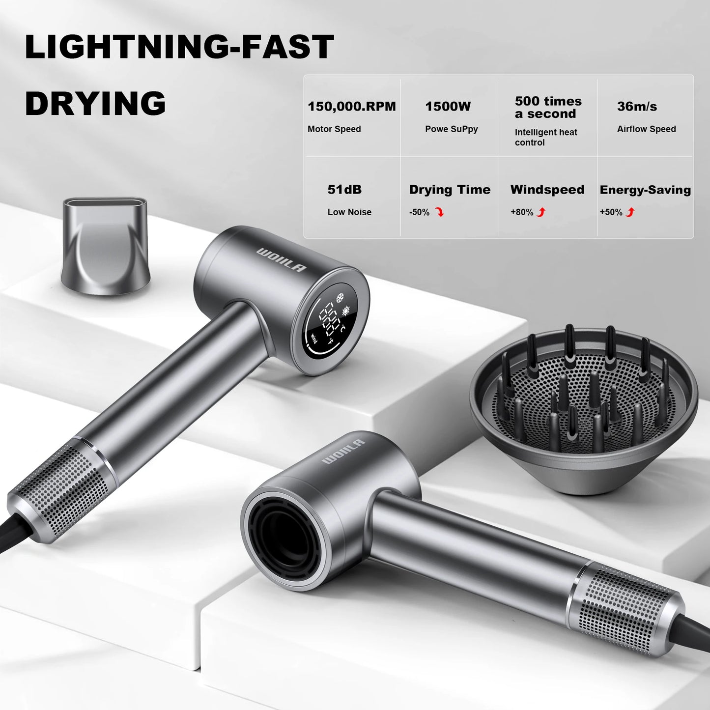 Hair Dryer, 150000 RPM Professional High-Speed Blow Dryer 500 Millions Negative Ionic Care Hair Dryer for Fast Drying, Low Noise